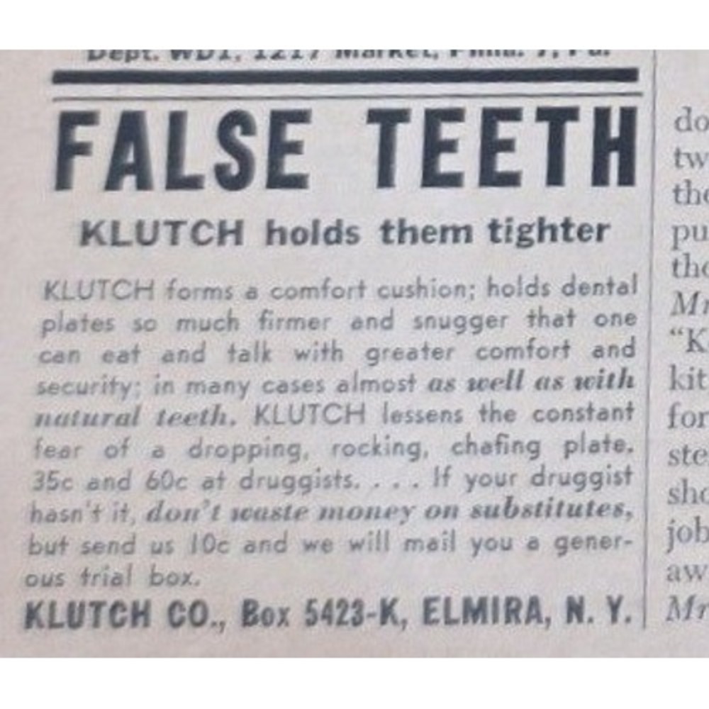 1954 Klutch False Teeth Dental Adhesive Print Ad Clipping Elmira NY Ephemera
